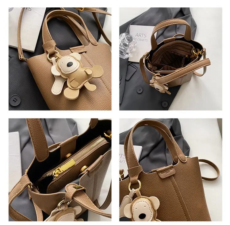 Korean-style Women's Brown Bucket Bag with Teddy Bear Charm — feature 25
