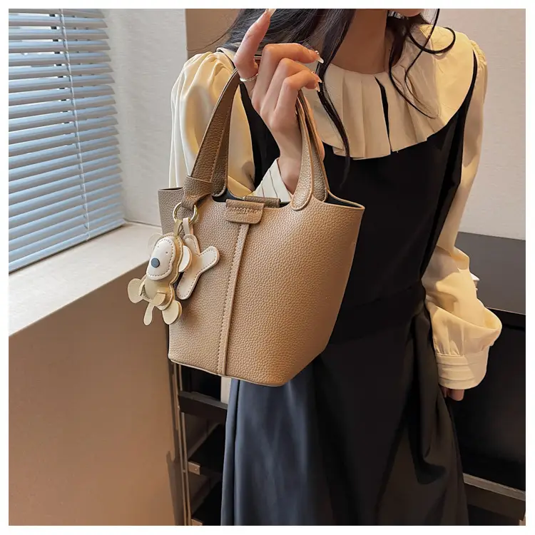 Korean-style Women's Brown Bucket Bag with Teddy Bear Charm — feature 26