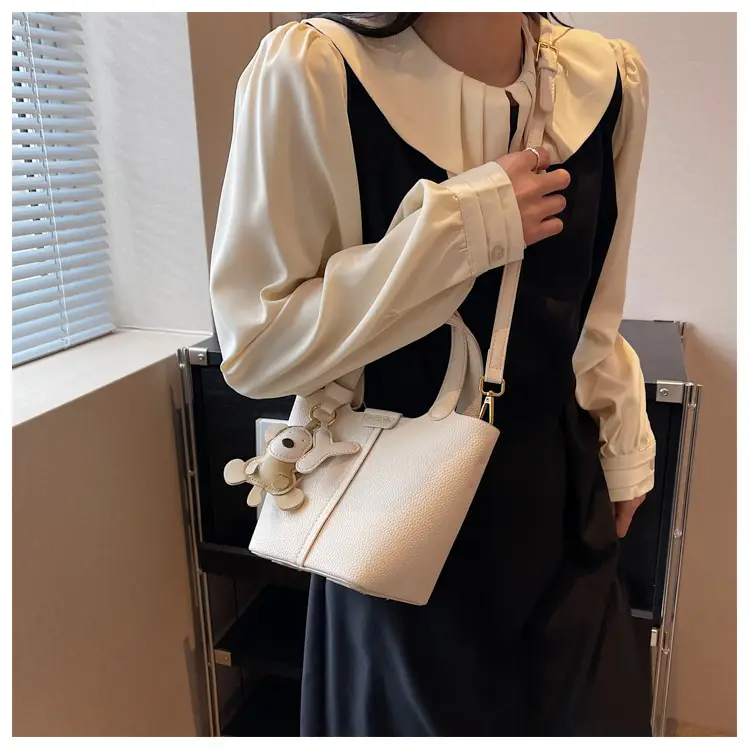 Korean-style Women's Brown Bucket Bag with Teddy Bear Charm — feature 27