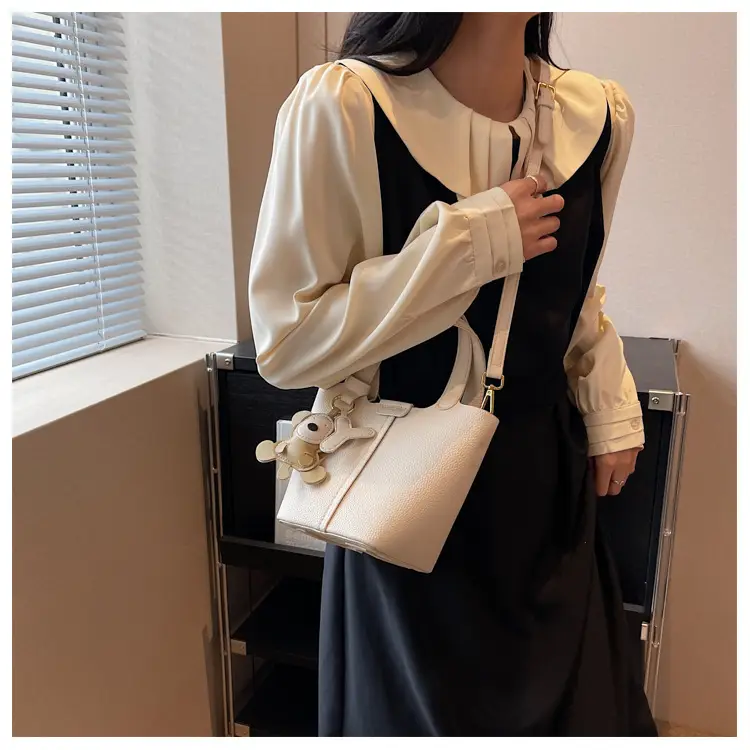 Korean-style Women's Brown Bucket Bag with Teddy Bear Charm — feature 28