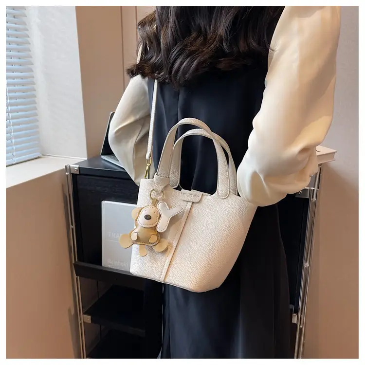 Korean-style Women's Brown Bucket Bag with Teddy Bear Charm — feature 29