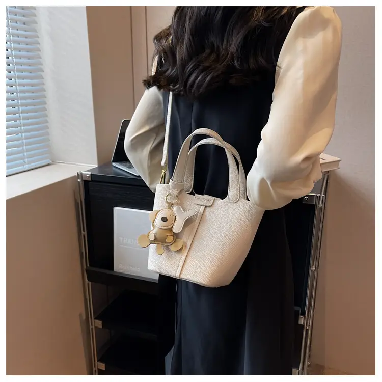 Korean-style Women's Brown Bucket Bag with Teddy Bear Charm — feature 30