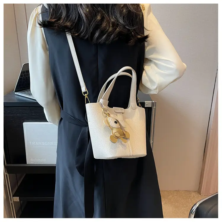 Korean-style Women's Brown Bucket Bag with Teddy Bear Charm — feature 31
