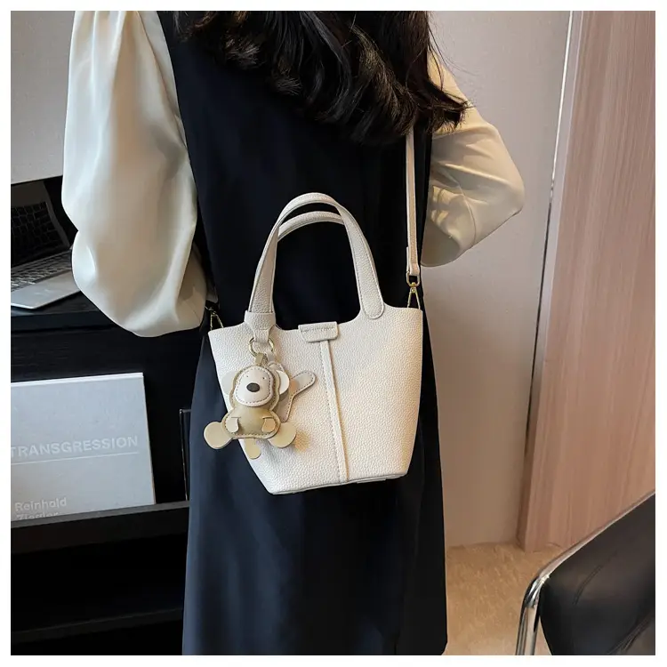 Korean-style Women's Brown Bucket Bag with Teddy Bear Charm — feature 32