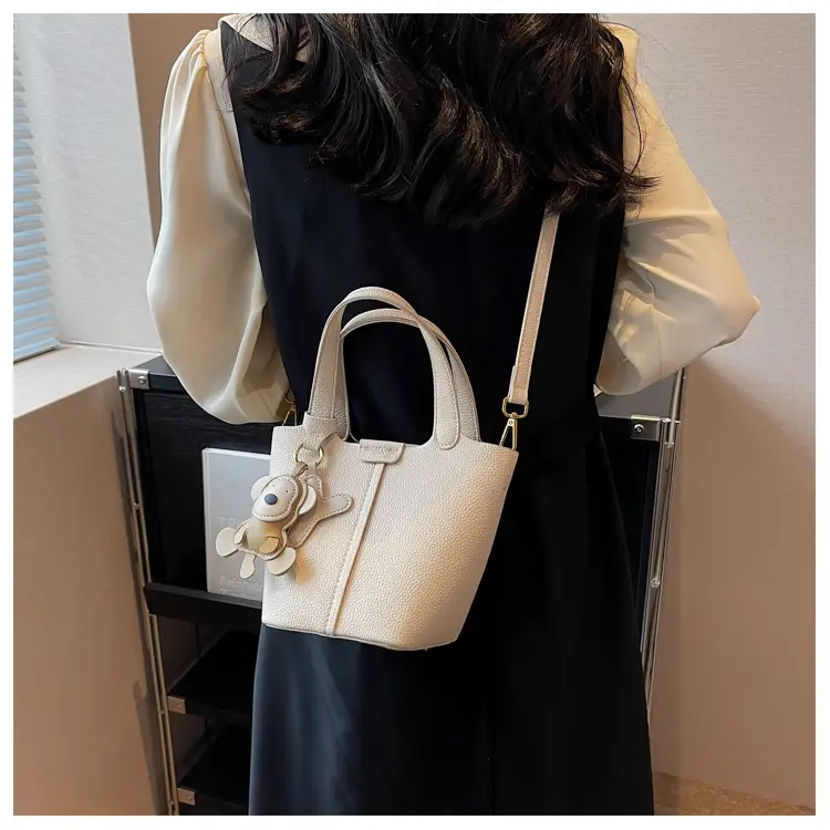 Korean-style Women's Brown Bucket Bag with Teddy Bear Charm — feature 33