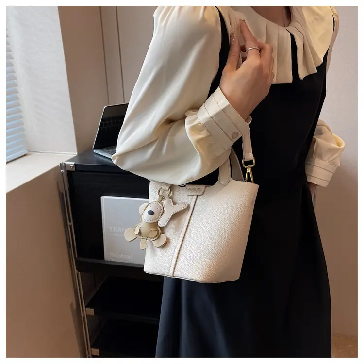 Korean-style Women's Brown Bucket Bag with Teddy Bear Charm — feature 34