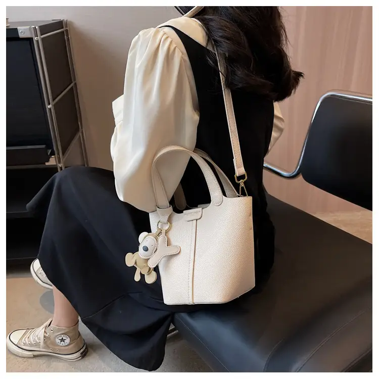 Korean-style Women's Brown Bucket Bag with Teddy Bear Charm — feature 35