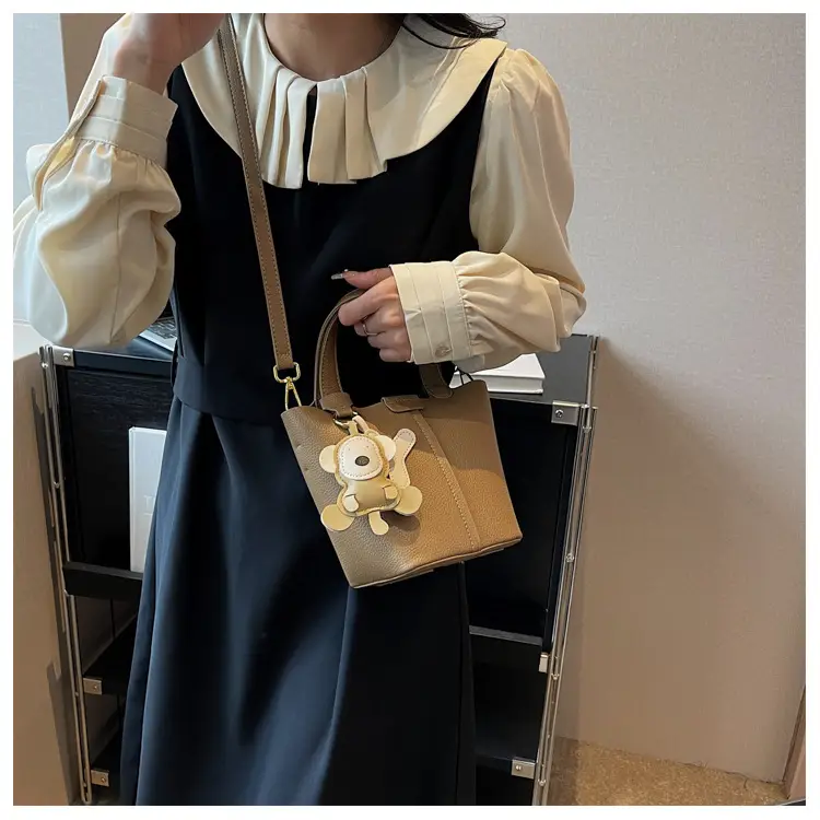 Korean-style Women's Brown Bucket Bag with Teddy Bear Charm — feature 36