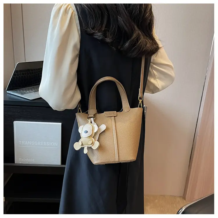 Korean-style Women's Brown Bucket Bag with Teddy Bear Charm — feature 38