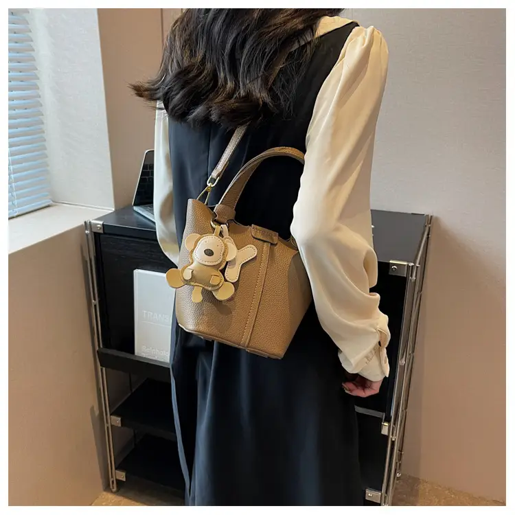 Korean-style Women's Brown Bucket Bag with Teddy Bear Charm — feature 40
