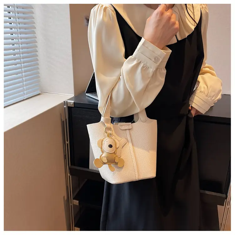 Korean-style Women's Brown Bucket Bag with Teddy Bear Charm — feature 41