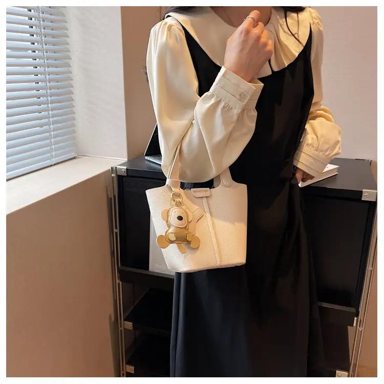 Korean-style Women's Brown Bucket Bag with Teddy Bear Charm — feature 42