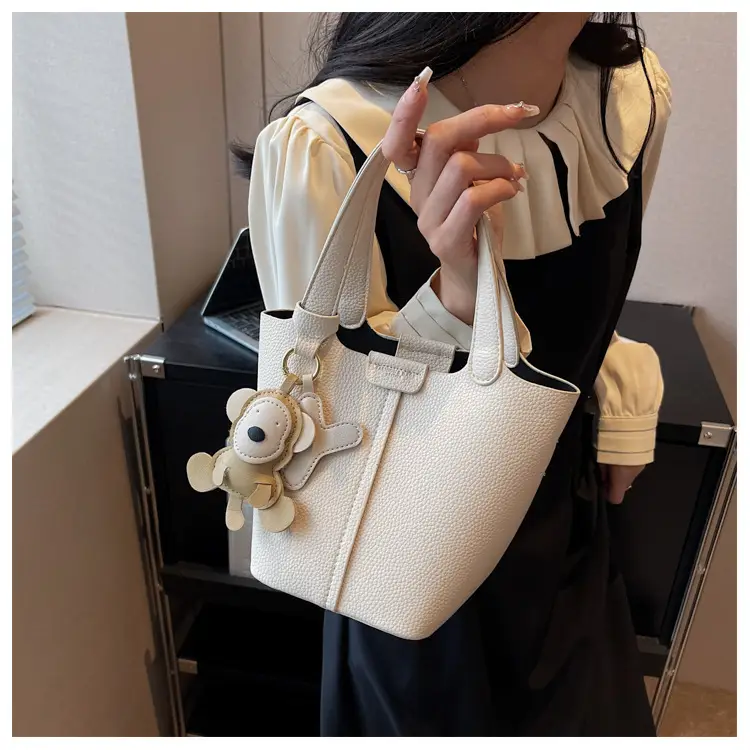 Korean-style Women's Brown Bucket Bag with Teddy Bear Charm — feature 43