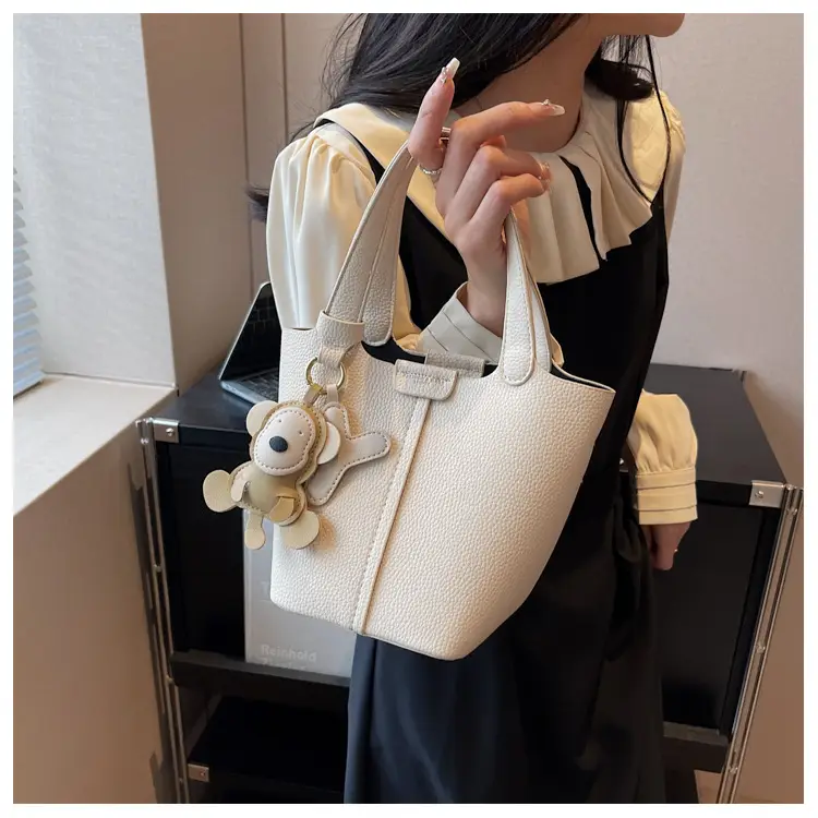 Korean-style Women's Brown Bucket Bag with Teddy Bear Charm — feature 44