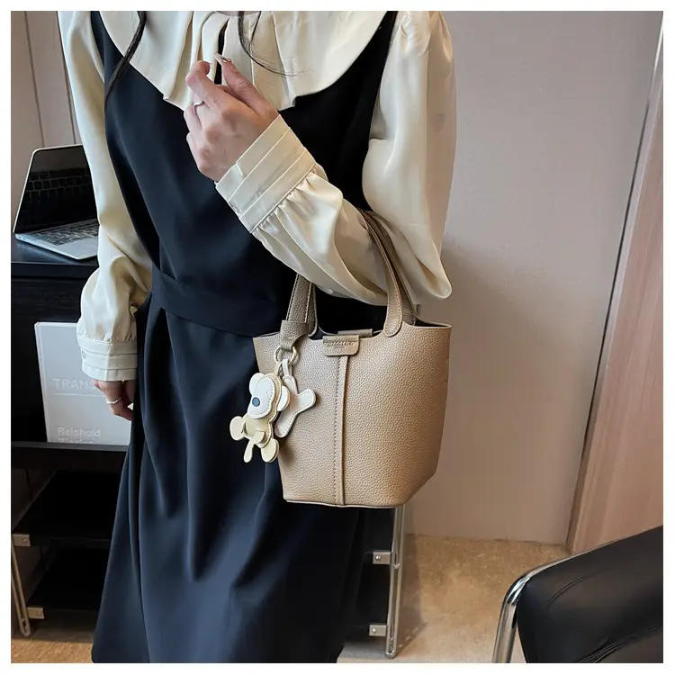 Korean-style Women's Brown Bucket Bag with Teddy Bear Charm — feature 45