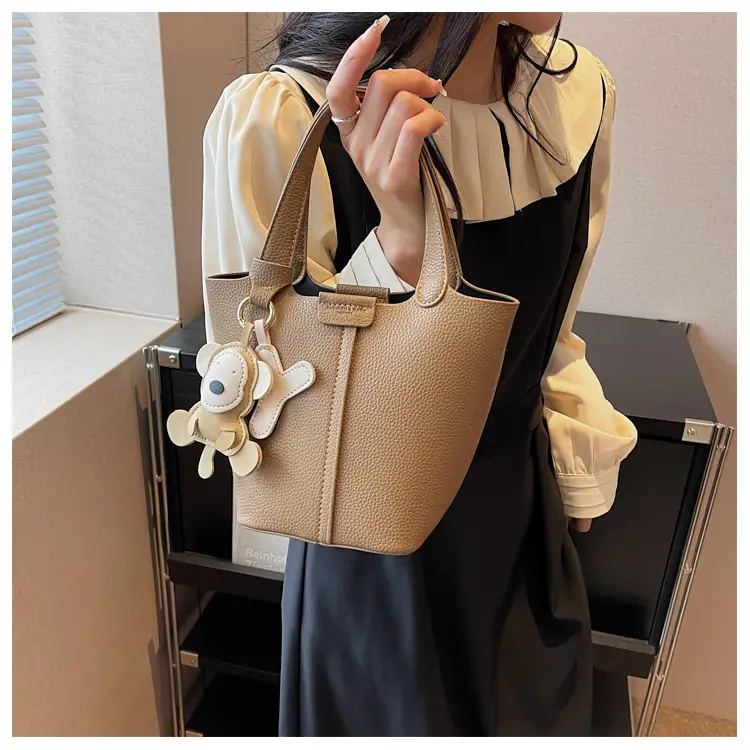Korean-style Women's Brown Bucket Bag with Teddy Bear Charm — feature 47
