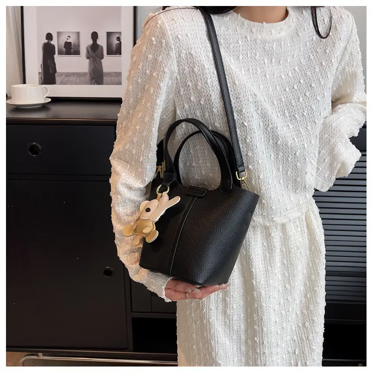 Korean-style Women's Brown Bucket Bag with Teddy Bear Charm — feature 48