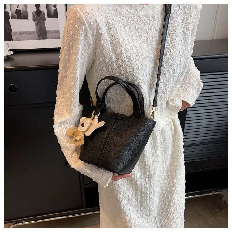 Korean-style Women's Brown Bucket Bag with Teddy Bear Charm — feature 49
