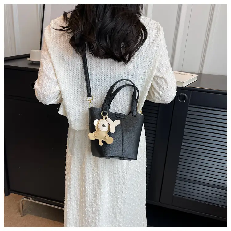 Korean-style Women's Brown Bucket Bag with Teddy Bear Charm — feature 50