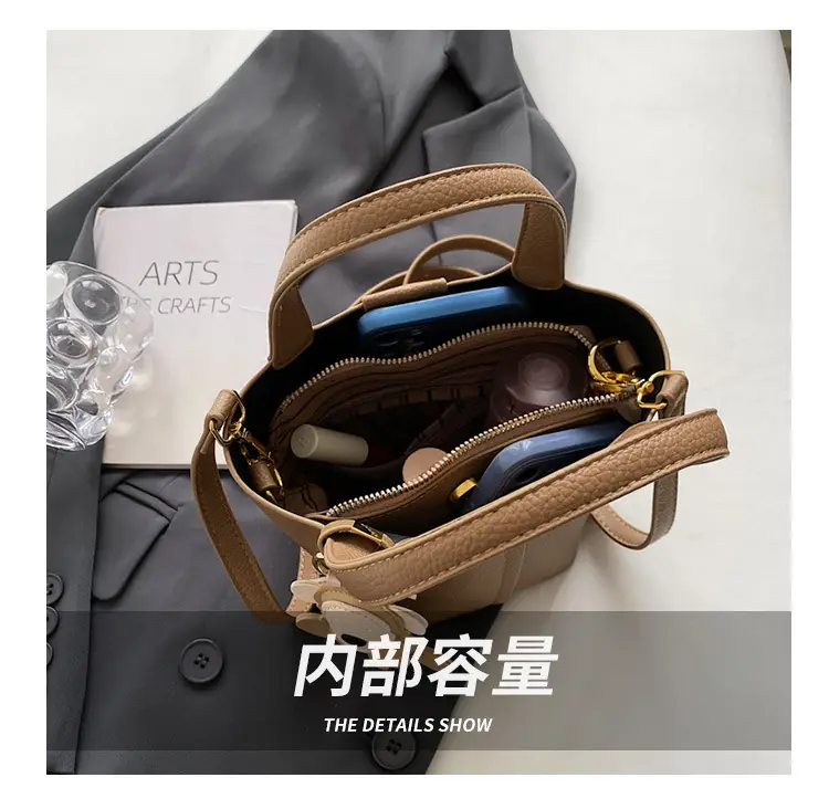 Korean-style Women's Brown Bucket Bag with Teddy Bear Charm — feature 7