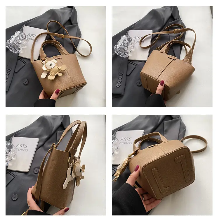 Korean-style Women's Brown Bucket Bag with Teddy Bear Charm — feature 8