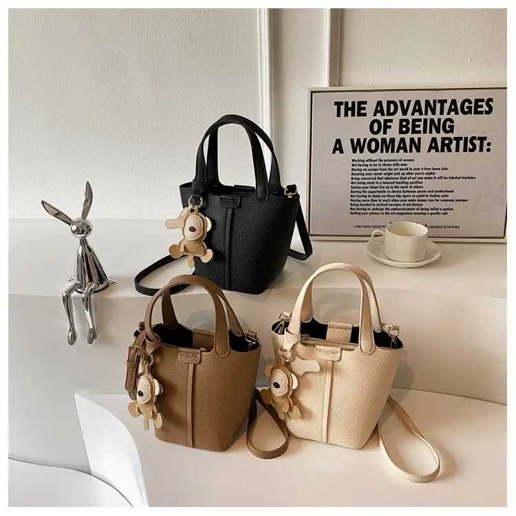 Korean-style Women's Brown Bucket Bag with Teddy Bear Charm — feature 9