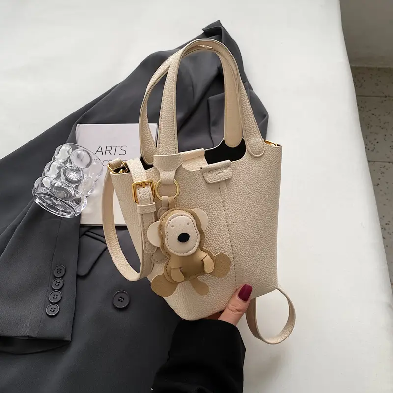 Korean-style Women's Brown Bucket Bag with Teddy Bear Charm - Image 2