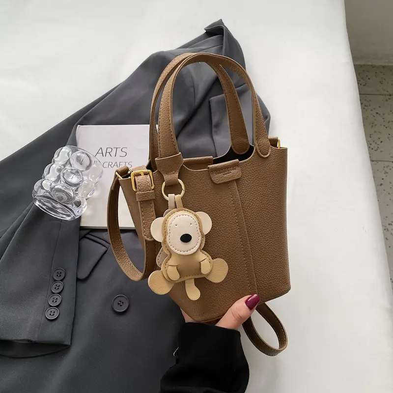 Korean-style Women's Brown Bucket Bag with Teddy Bear Charm - Image 3