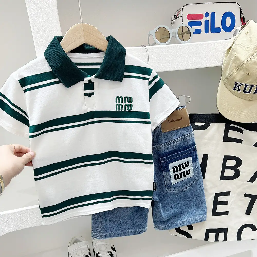 Men Striped Polo Shirt Boys 2025 Summer White Green Black - Image 2