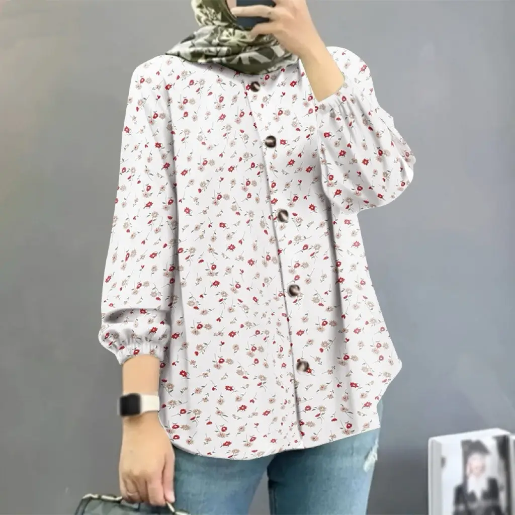 Women Muslim Floral Puff Sleeves Shirt Black 2025 - Image 7
