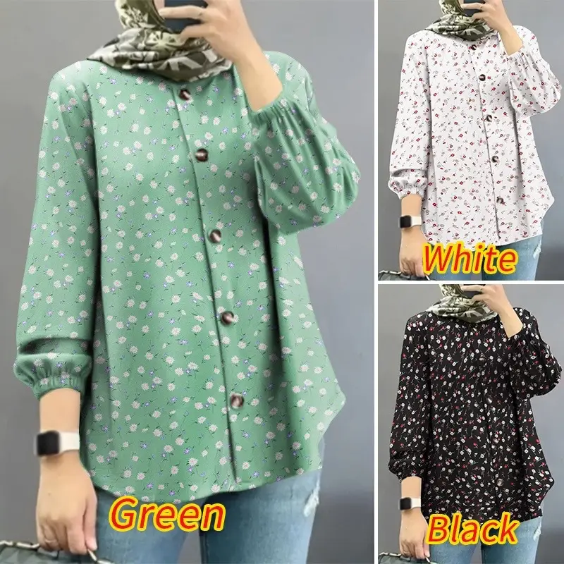 Women Muslim Floral Puff Sleeves Shirt Black 2025 — feature 2