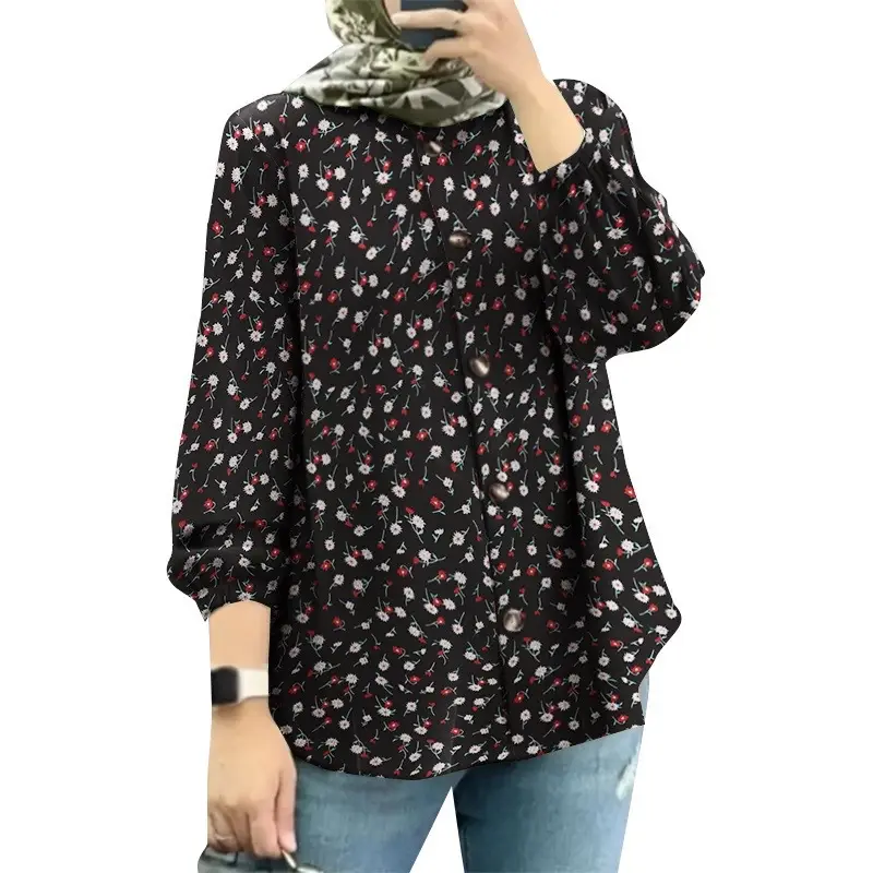 Women Muslim Floral Puff Sleeves Shirt Black 2025 — feature 3