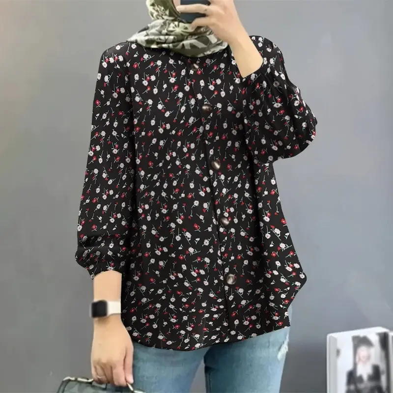 Women Muslim Floral Puff Sleeves Shirt Black 2025 — feature 7