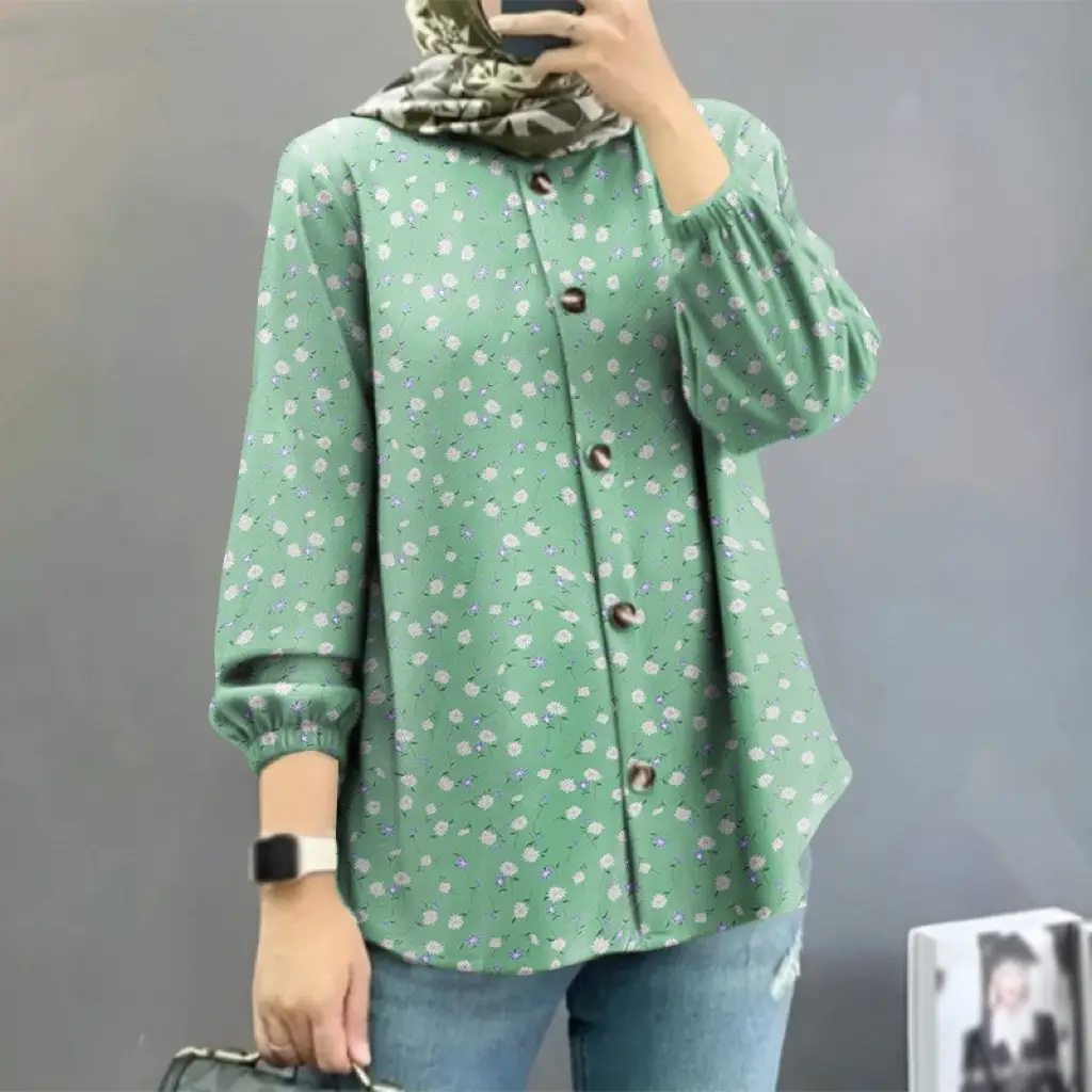 Women Muslim Floral Puff Sleeves Shirt Black 2025 — feature 8