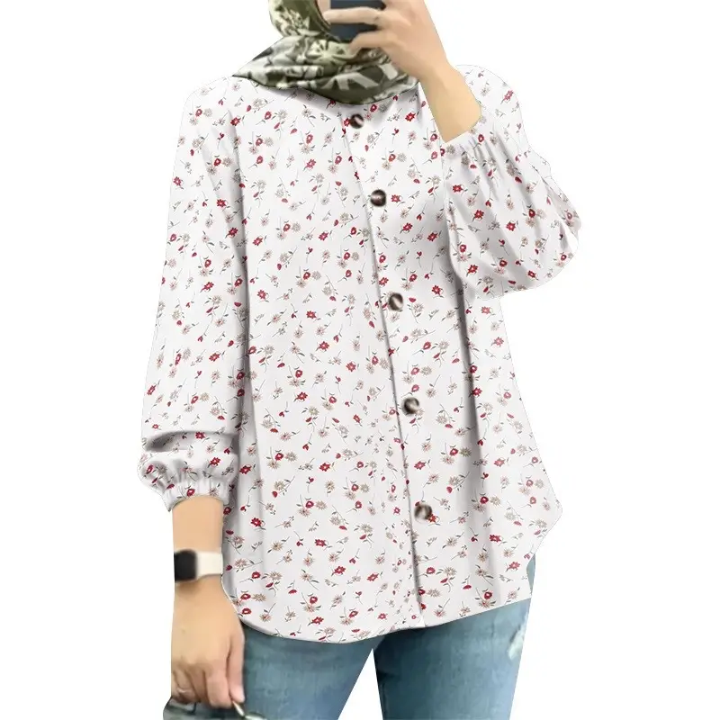 Women Muslim Floral Puff Sleeves Shirt Black 2025 - Image 2