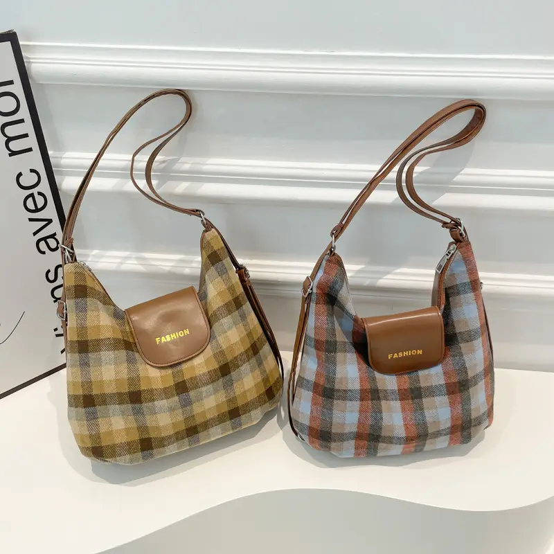 Winter Plaid Textured Shoulder Crossbody Bag Large Capacity - Image 6