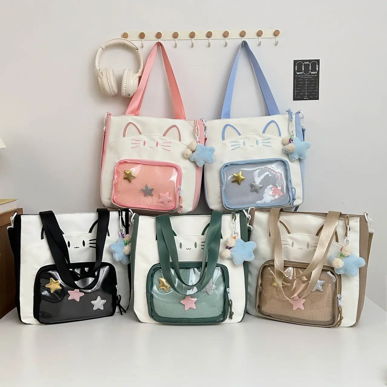Cat Face One-Shoulder Crossbody Bag White Star Decor - Image 6