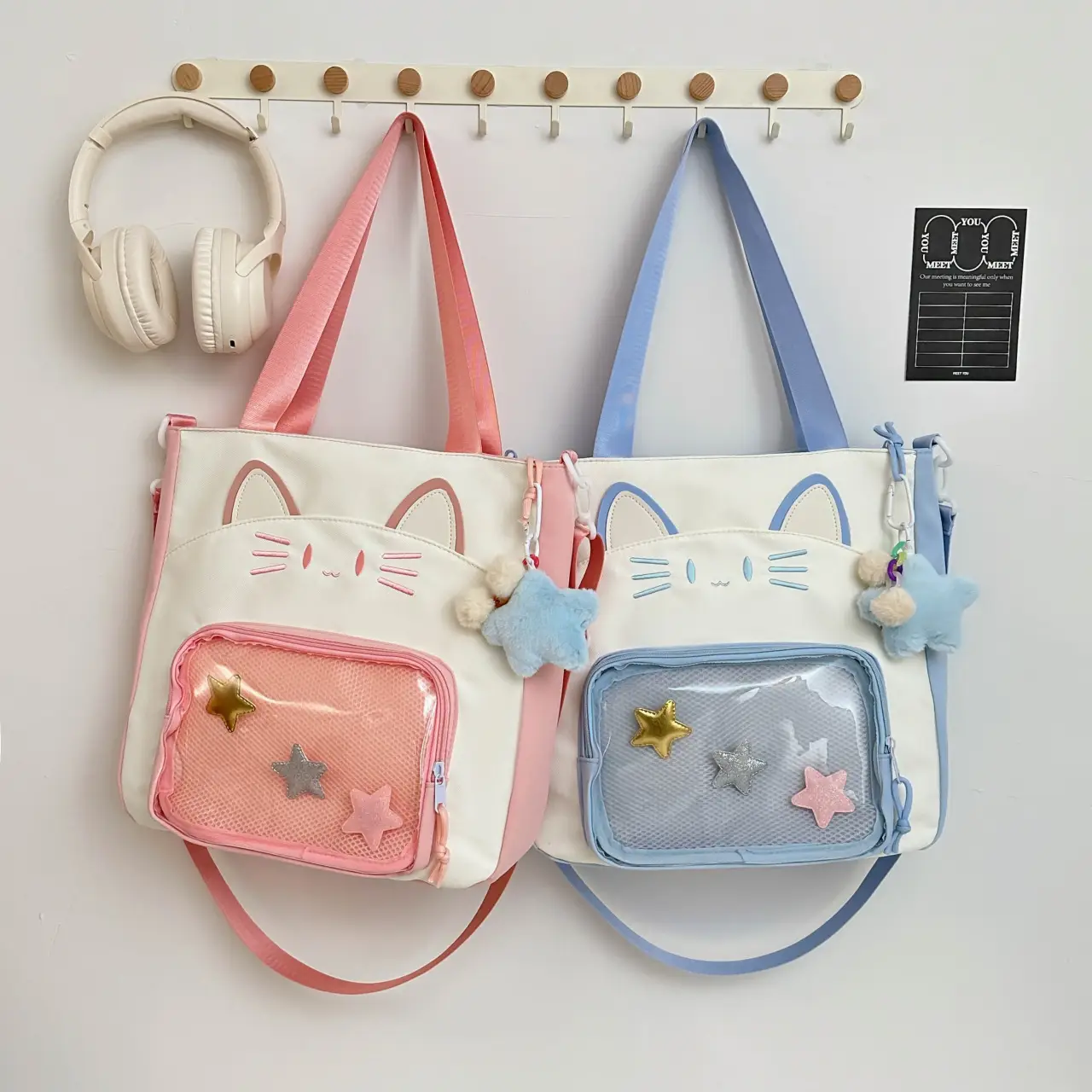 Cat Face One-Shoulder Crossbody Bag White Star Decor - Image 7