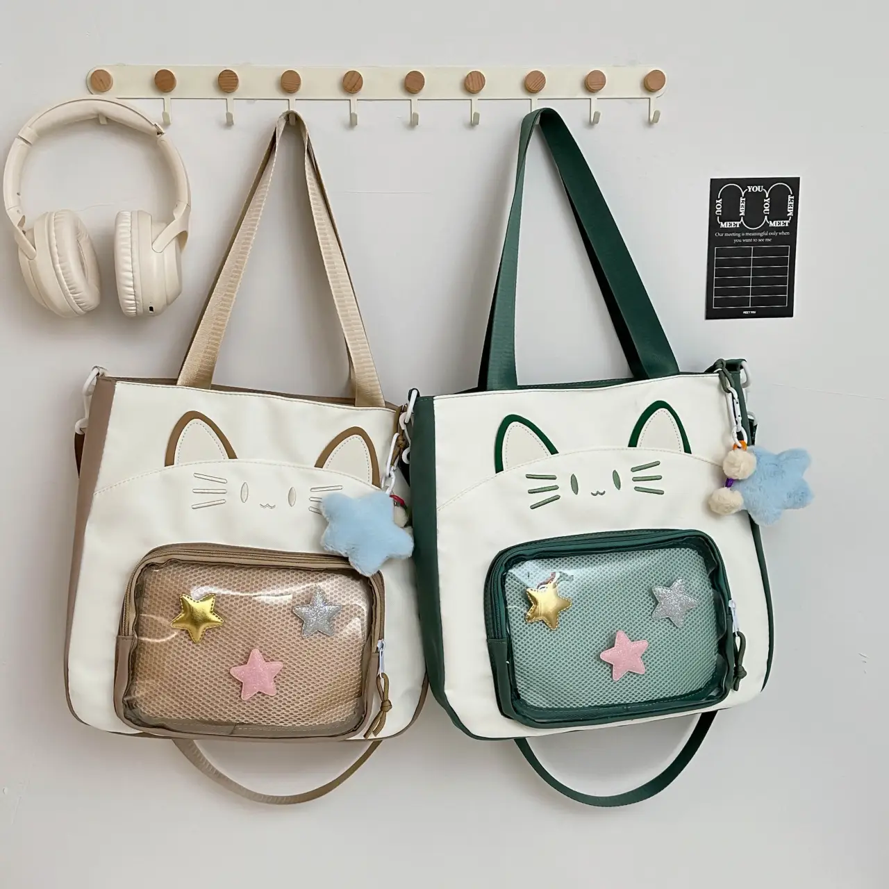 Cat Face One-Shoulder Crossbody Bag White Star Decor - Image 8