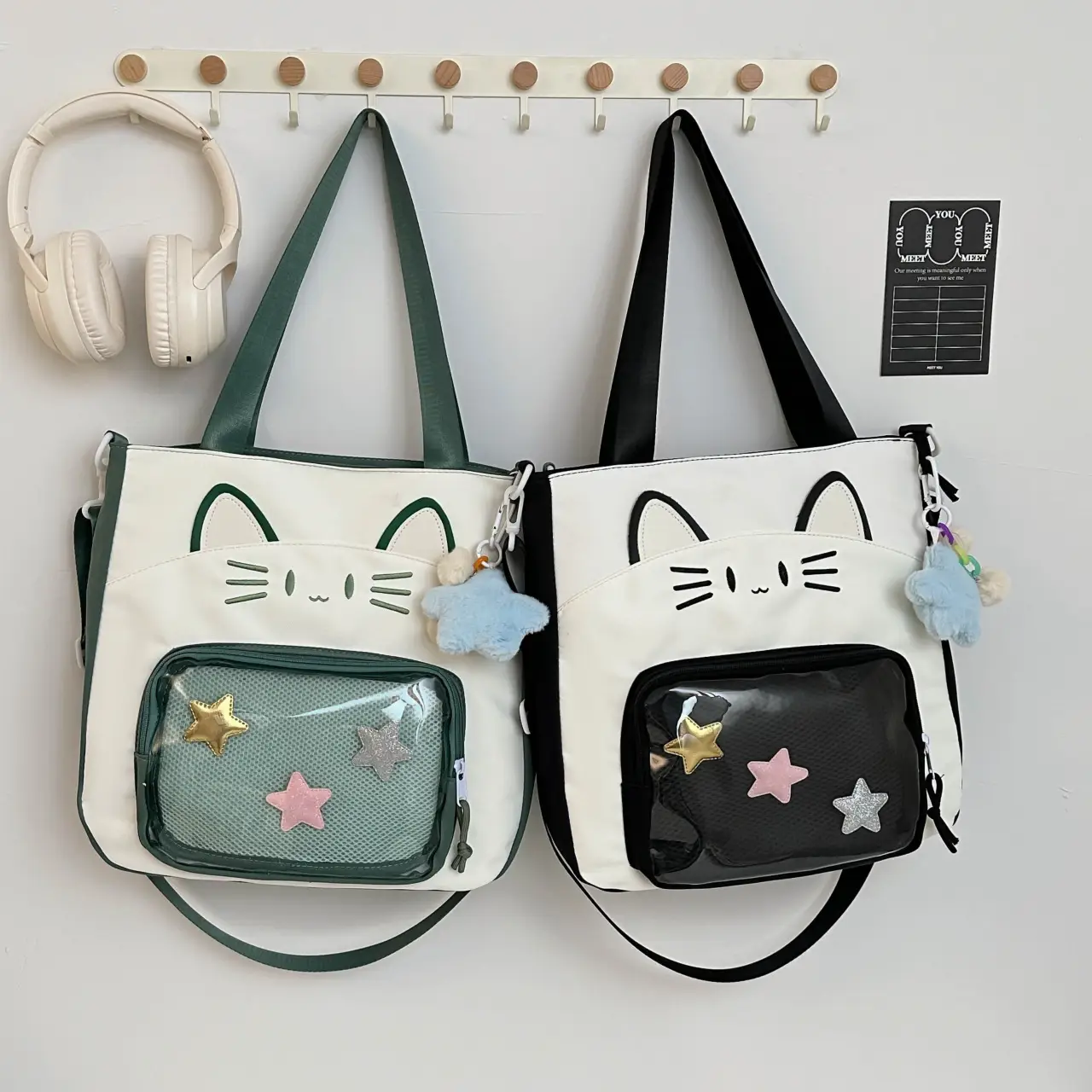 Cat Face One-Shoulder Crossbody Bag White Star Decor - Image 9