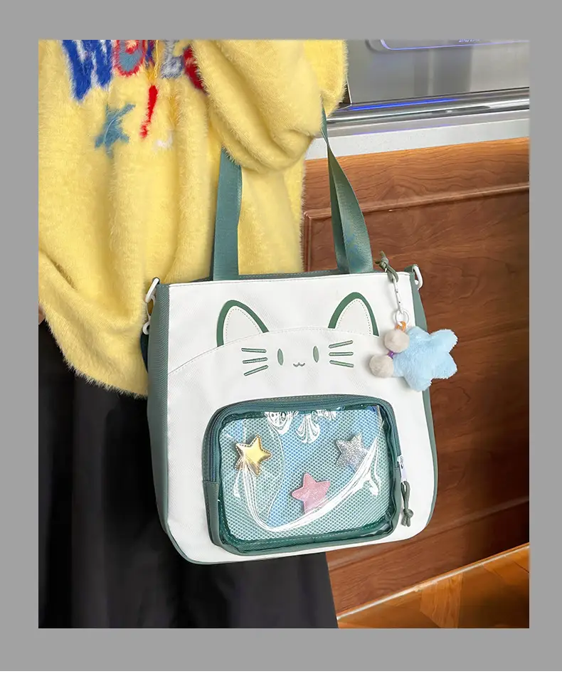 Cat Face One-Shoulder Crossbody Bag White Star Decor — feature 1