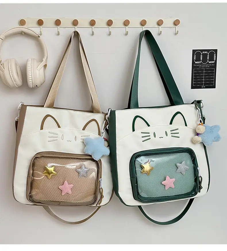 Cat Face One-Shoulder Crossbody Bag White Star Decor — feature 12