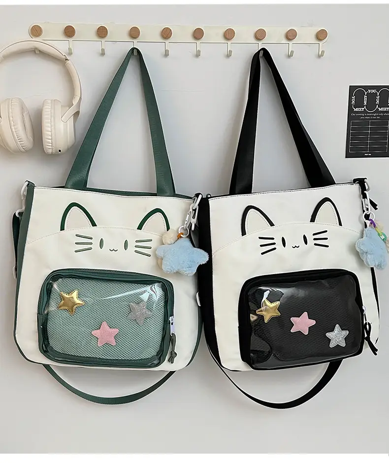 Cat Face One-Shoulder Crossbody Bag White Star Decor — feature 13
