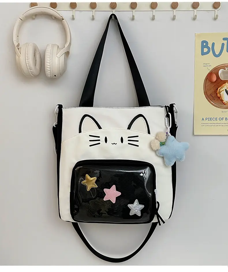 Cat Face One-Shoulder Crossbody Bag White Star Decor — feature 16