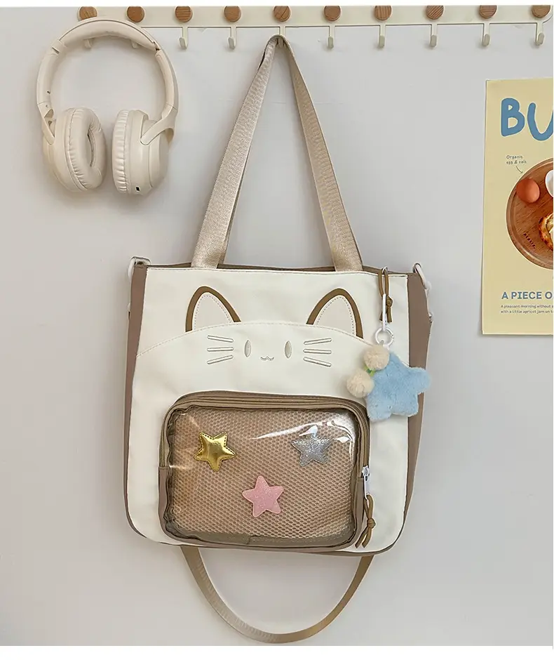 Cat Face One-Shoulder Crossbody Bag White Star Decor — feature 17