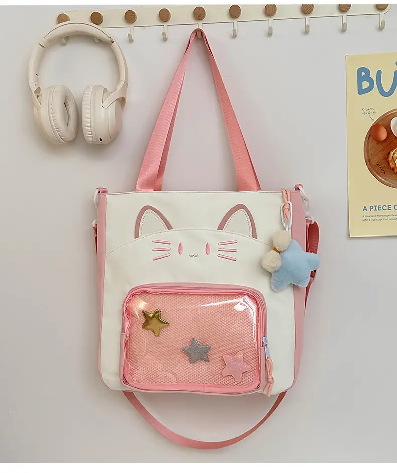 Cat Face One-Shoulder Crossbody Bag White Star Decor — feature 18