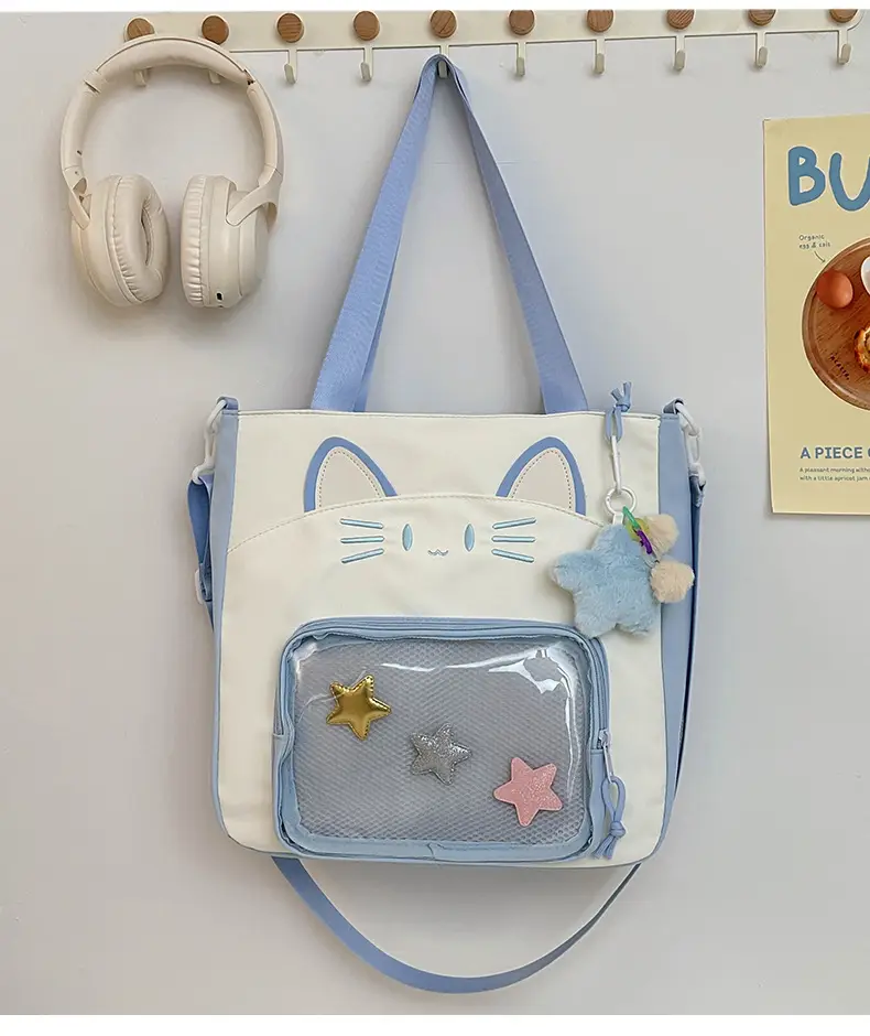 Cat Face One-Shoulder Crossbody Bag White Star Decor — feature 19