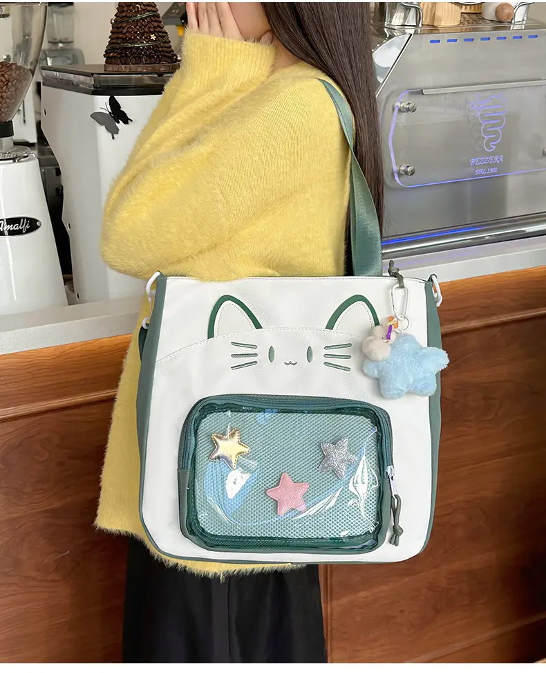 Cat Face One-Shoulder Crossbody Bag White Star Decor — feature 7