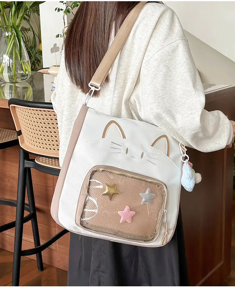 Cat Face One-Shoulder Crossbody Bag White Star Decor — feature 9