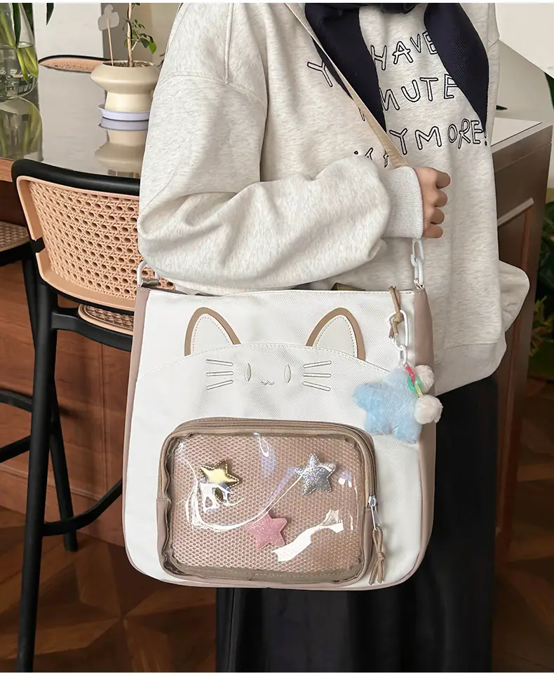 Cat Face One-Shoulder Crossbody Bag White Star Decor - Image 2